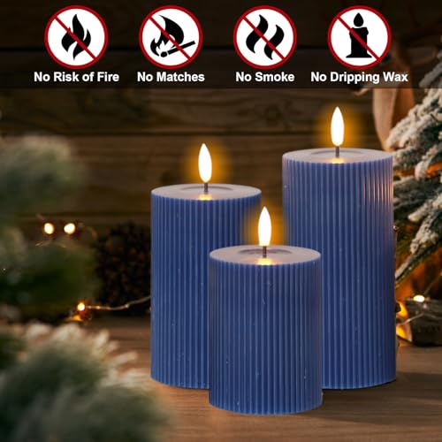 Image of Battery Operated Flameless Candles with 6 Hour Timer 3 Pack Real Wax Vertical Stripe 3D Wick Flickering LED Pillar Candles Dinner Wedding Christmas Holiday Decor(Navy Blue, 3 inchD x 5 inch, 6 inch, 7 inchH)