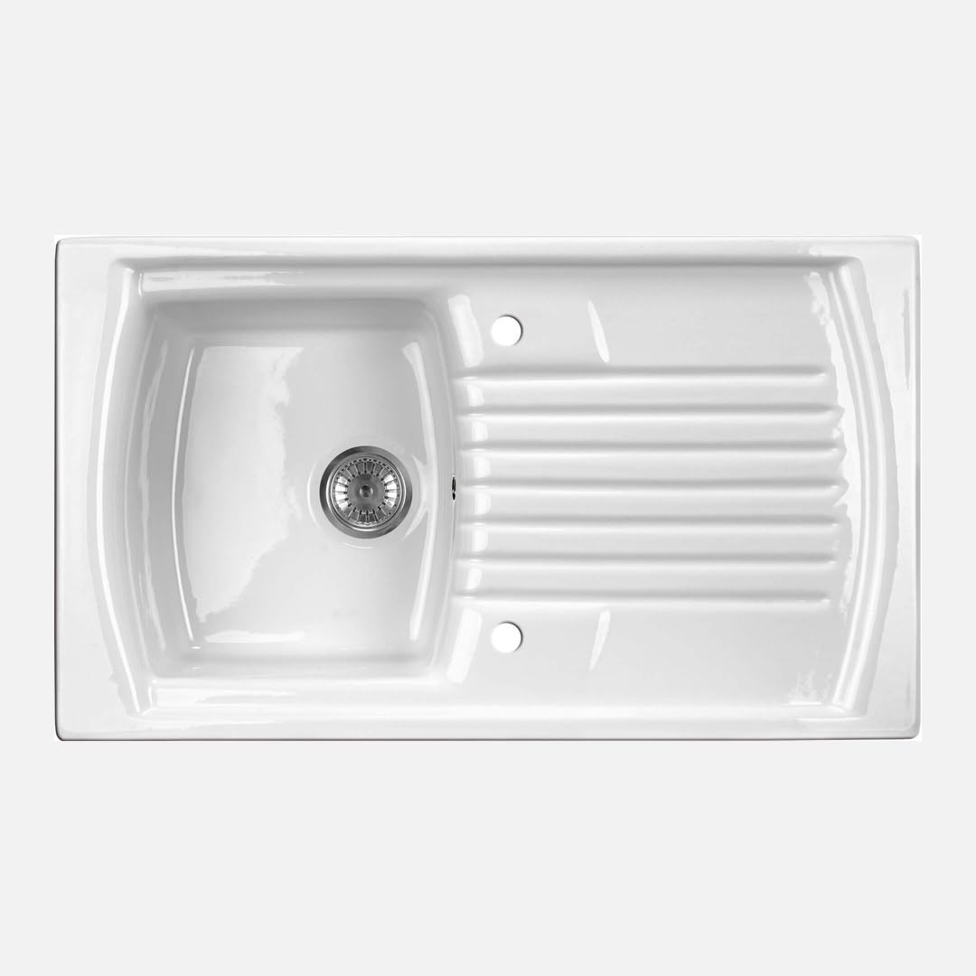 Fregadero de cocina empotrado de cerámica con 1 bañera y escurridor 86 x 50 cm color blanco - Libby