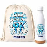 Gifters | Pack Mochila de Cuerdas y Botella Personalizadas SIX SEVEN con Nombre | Bolsa Infantil 34 x 42 cm + Botella Acero Inoxidable 750 ml | Guardería, Colegio, Primaria, Excursiones y Actividades