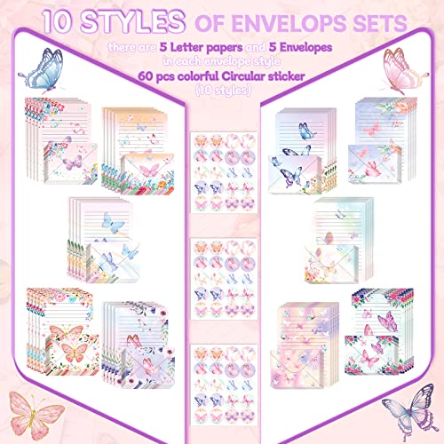 Image of TaoBary 160 Pcs Watercolor Butterfly Stationery Paper and Envelopes Set 50 Double Sided Lined Stationery Paper & 50 Matching Envelopes and 60 Round Dot Sticker 5.5 x 8.25''Letter Writing Kit, 10design