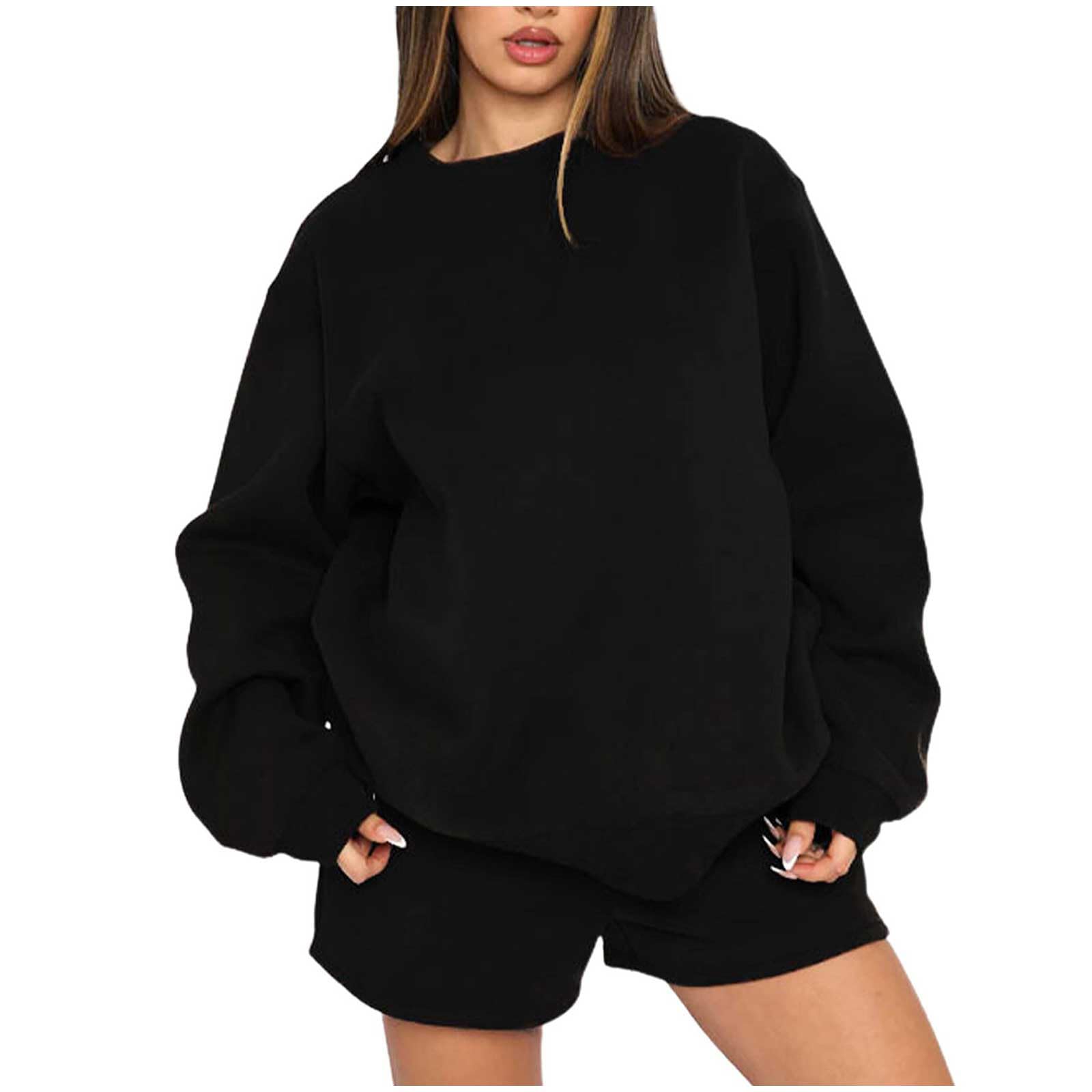 Womens 2 Piece Outfits Oversized Crewneck Sweatshirts and Shorts Sweatsuits Casual Lounge Set Trendy Tracksuit