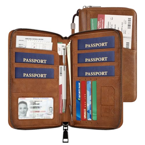 Likesing Family Passport Holder for 5, Leather RFID Blocking Multiple Passport Holder Wallet with Zipper, Travel Document Organizer with Wrist Strap Card Slots and AirTag Pocket for Women Men(Brown)