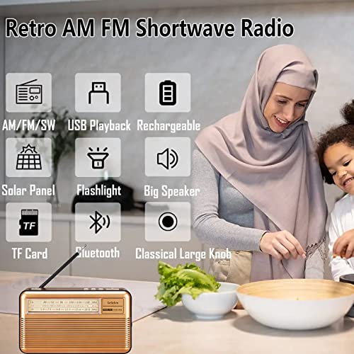 Gelielim Retro Shortwave Radio Portable Am Fm Radio Battery Operated Vintage Radio With Bluetooth Speaker, Rechargeable Solar Radio, Tf Card Usb Disk Player, Large Tuning Knob For Home Kitchen Outdoor #TOP1