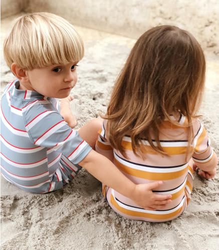 Image of Girls One Piece Swimsuit Zipper Long Sleeve Rash Guard Green Striped Sunsuit Seersucker Bathing Suit with Ruffle Butt
