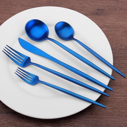 Image of aDai Sapphire Blue Silverware Set | Satin Finish 4-Piece Stainless Steel Flatware Set | Dishwasher Safe Cutlery for Home, Restaurant & Gifting