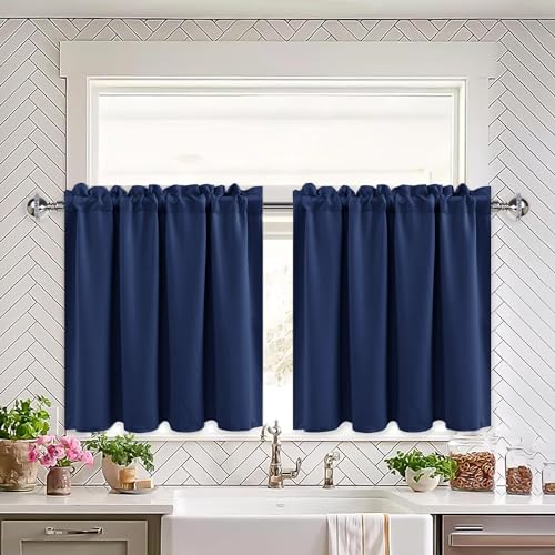 XWZO Cortinas opacas con barras de cortina, para salón y cocina, visillos cortos para ventanas pequeñas, 66 cm x 61 cm, azul marino por panel, juego de 2 unidades