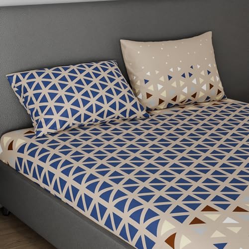 Image of BLISSHOME SoftTouch 150TC Cotton King Size Fitted Bedsheet with 2 Pillow Covers, Silky Smooth Bedding Set, Breathable, Easy Maintain, Geometric Pattern - Sand Beige (183cm x 198cm + 25cm Drop)