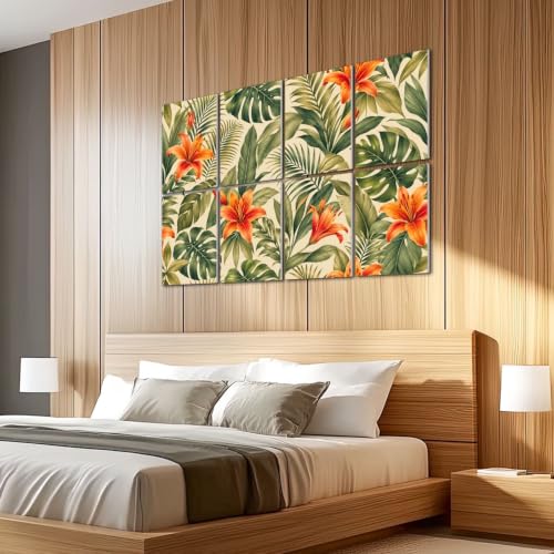 8 Pack Paneles Acústicos de Arte Absorbentes de Sonido con Diseño Tropical en Verde, Oro y Flores, Paneles Decorativos Autoadhesivos para Estudios de Grabación y Oficina 48"x32" miniatura 5