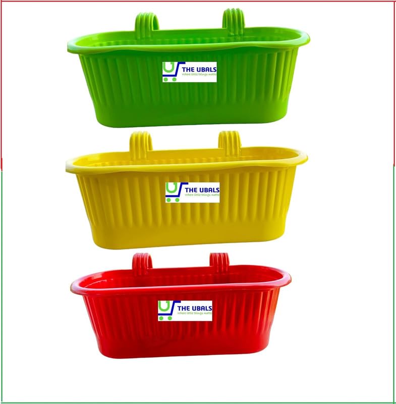 Multicolor Hanging Flower Pot | Double Hook Plant Container | Durable Plastic Glossy Finish Pots for Home | Balcony | Garden | Pack of 3 (Red, Yellow, Green)-image-31