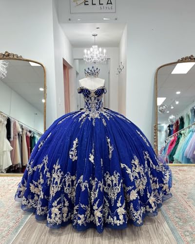 TRHTX Princess Off Shoulder Quinceanera Dresses with Gold Appliques Puffy Tulle Sweet 16 Dresses Sparkly Beaded Ball Gown2