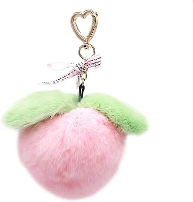 Surell Peach Fruit Keychain (Pink, Green) - Real Rex Rabbit Fur Pom Pom Keychain - Adorable Peach Girls Fruit Keychain - Fluffy Fur Ball Keychain for Backpack, Purse, Pocketbook - Cute Girls Gift