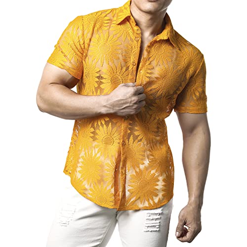 JOGAL Mens Floral Lace Shirt See Through Casual Button Down Shirts4