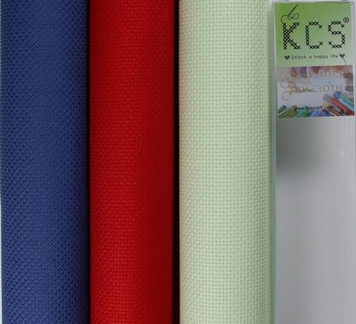 Image of KCS 3 pc of 15 inch x 18 inch(38cmx45cm) Counted Cross Stitch Cotton Aida Cloth Needlework Rolled Fabric Box,14CT,Red+Light Green+Jeans Blue