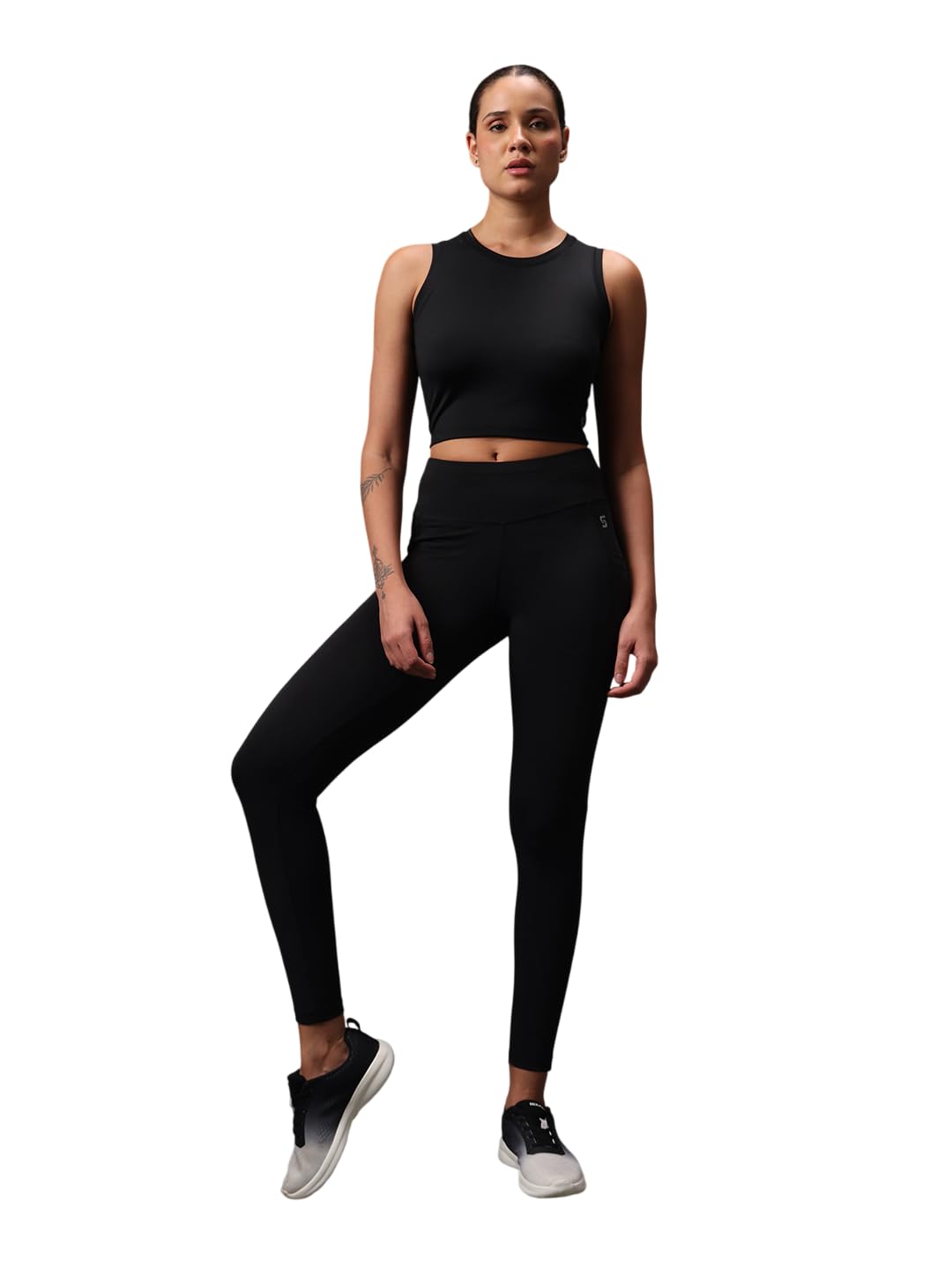 Women's Activewear Set | Nylon Regular Fit Leggings with Side Pockets and Matching Sleeveless Round Neck Crop Top Gym and Yoga Two Piece Outfit-image-27