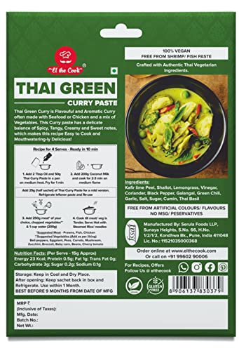 Image of EL The Cook Green Thai Curry Paste - Medium | 100% Veg & Natural | Make Restaurant Style Chicken, Fish, Prawn, Vegetable, Tofu Thai Curry Fresh at Home | 50g Pack Serves 4-5 | Ready to Cook | 2 Pack