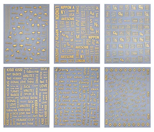 Flamingos Nail Art Stickers Decals 3D Gold Designer Nail Decals Flamingos Letter Nail Art Supplies 6 Sheets Nail Stickers Self-Adhesive Designer Nail Stickers Nail Decorations Acrylic Nail Art
