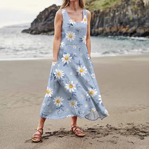 Plus Size Cotton Linen Summer Dresses for Curvy Women 2025 Sleeveless Maxi Vacation Beach Sundresses with Pockets
