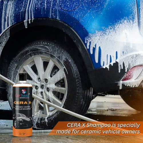 Image of CAR SAAZ Cera X Ceramic Bike & Car Wash Shampoo (1 Litre) with Waterproof Microfiber Mitt Glove | Car Shampoo for CERAMIC Coated Vehicles | pH Neutral, Highly Effective (1000 ml)