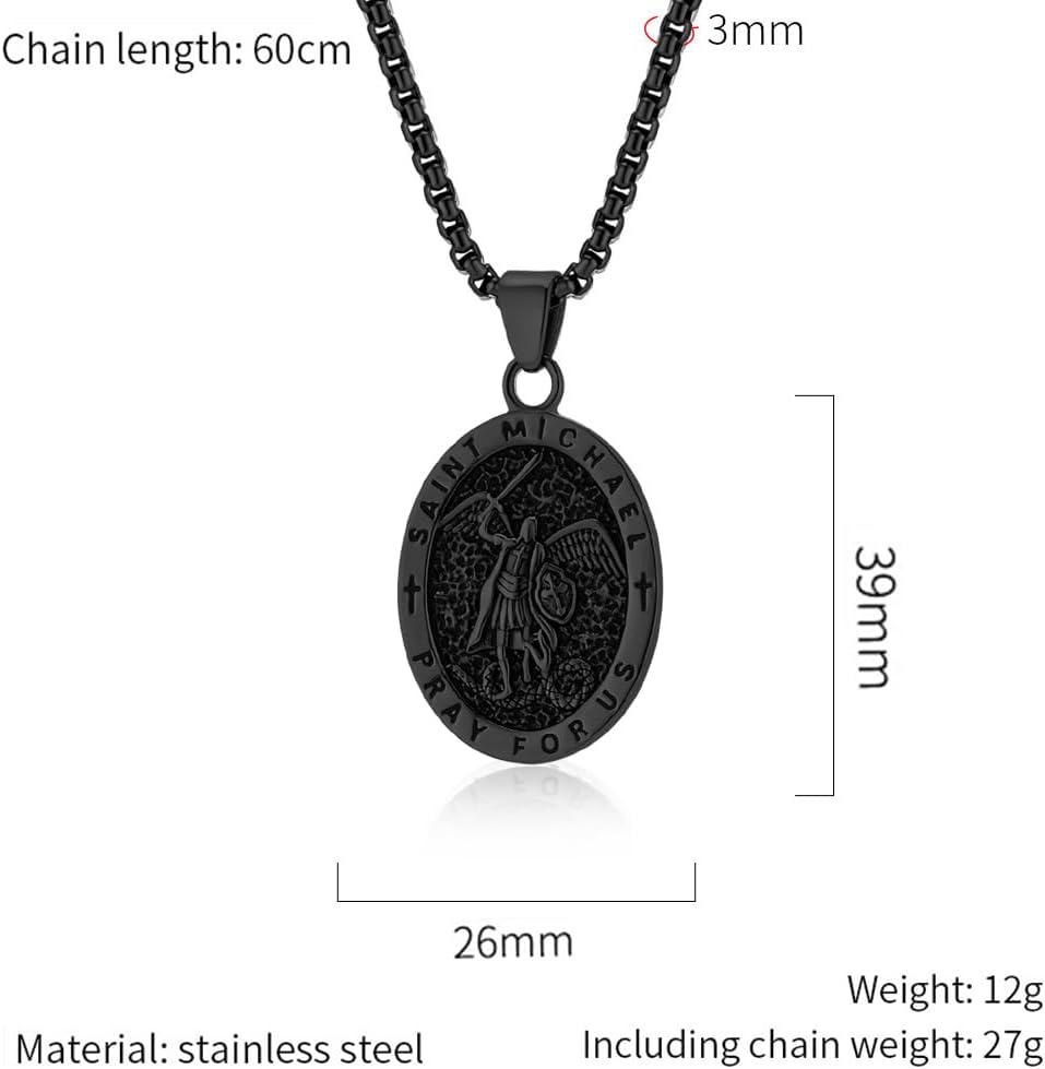 Men Saint Michael Necklace,Stainless Steel Black/Silver/Gold Archangel Pendant Necklace Amulet Medal Jewelry,60cm Rolo Chain