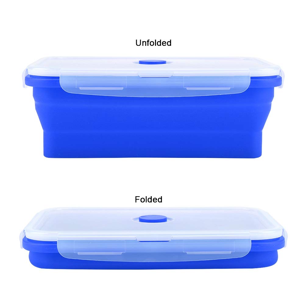Opvouwbare siliconen voedselopslagcontainer met deksel, draagbare lunchbentobox, outdoor picknickbox, ruimtebesparend, magnetron, vaatwasser en vriezer, set van 4 (lichtblauw