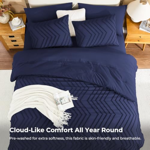 Image of Litanika California King Size Comforter Set with Sheets Navy Blue - 7 Pieces Bed in a Bag Cal King Chevron Tufted Complete Bedding Sets with Comforter, Sheets, Pillowcases & Shams