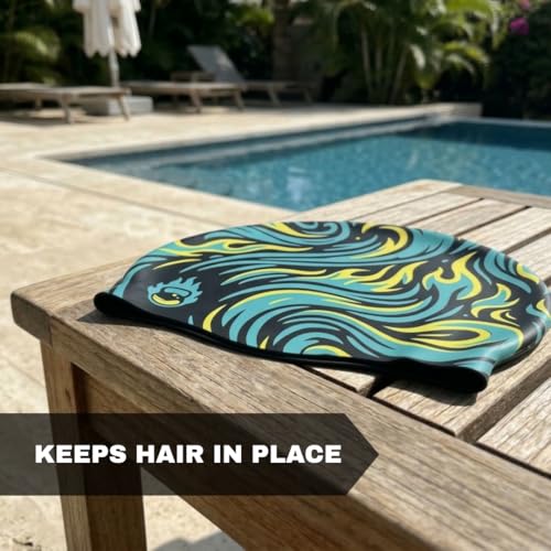 Image of Burnlab Silicone Swimming Cap for Long Hair, Comfortable Fit for Pool Use, Adult (Black Flame)