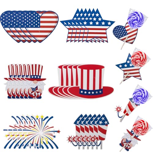 150 Pcs 4th of July Candy Holder Cards Cutout Stripes Heart Firework July Bulletin Board Decor Cartoon Paper Stars American Flag Independence Day Decorations