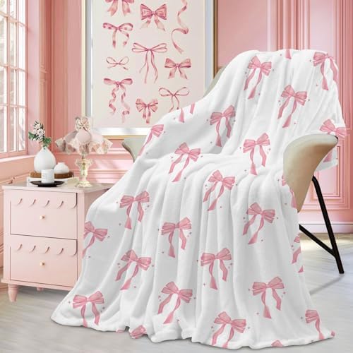 yuboo Pink Bow Throw Blanket, for Girls Women Teens, Soft Flannel Cute Pink Halloween Bow Blanket Bedding for Preppy Girly Coquette Decor, 50 x 60 Inch