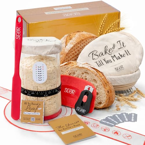 SEOR Premium Sourdough Starter Kit 42oz Glass Jar – Complete Sourdough Bread Baking Supplies with Banneton Proofing Baskets, Sour dough Tools & Accessories, Bread Making Kit
