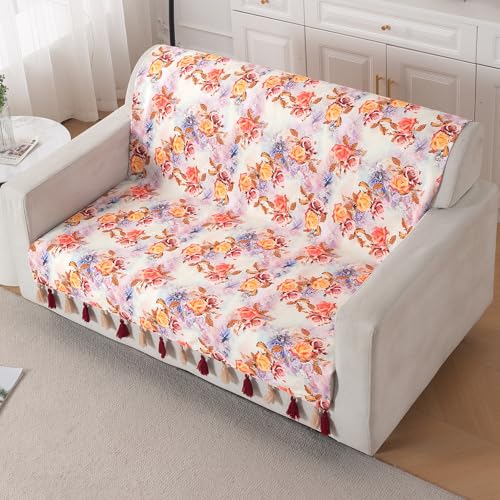 Image of HOKIPO Printed Holland Velvet Sofa Cover with Tassels for 2 Seater Sofa | Full Protection for Sofa Seat and Back | 'Whispers of Nature' (160x120 cm), Vintage Rose Bloom (IN-1126-D12)