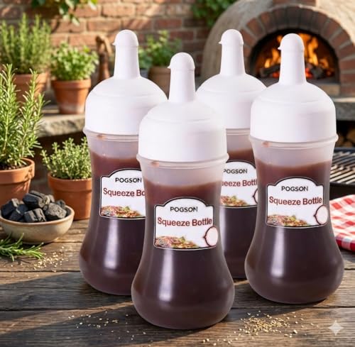 Image of White Premium Squeeze Bottles - BPA-Free Condiment Dispensers with Leak-Proof Green Caps for Ketchup, Oil, Vinegar & More - Pack of 4, Transparent Design for Kitchen & Restaurant Use