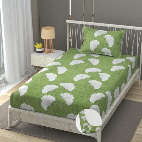Image of Premium Heavy Cotton Elastic Fitted Bedsheets with 1 King Size Pillow Covers | Single Bed with All Around Elastic 350 TC | 36 x 78 x 6 Inch Single Size Fitted | :- Green Jhaad
