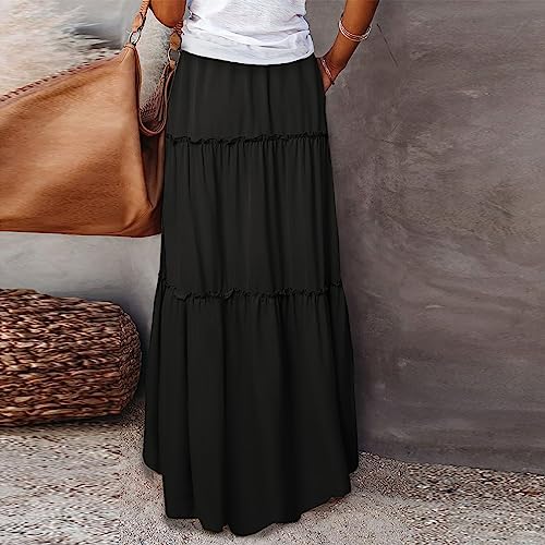 Long Skirts for Women Trendy Summer Casual Pleated Maxi Skirt Tiered Swing Flowy Boho Beach Vacation Outfits w/Pockets4