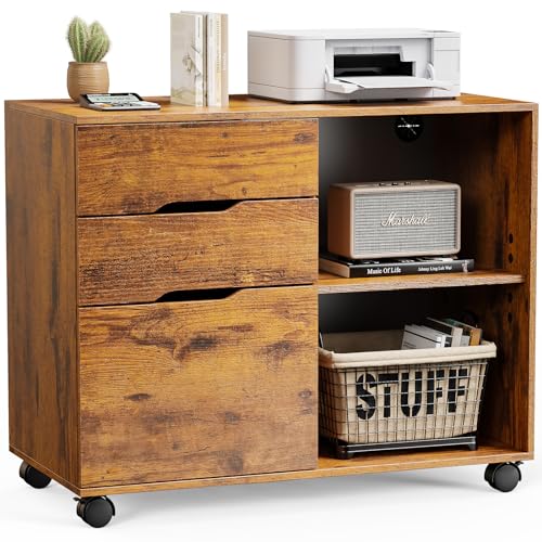 Image of DUMOS Wood File Cabinet with 3 Drawers, Rolling Printer Stand | Under Desk Storage Organizer Home Office Space with Shelves for Files and Office Supplies, Rust