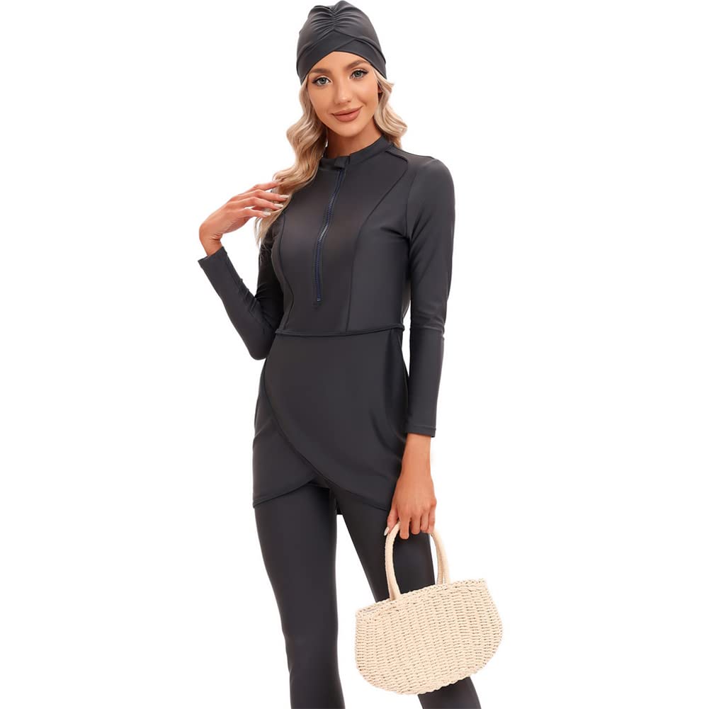 IMEKIS Burkini Musulman Maillot de bain pour femme Motif floral Maillot de bain Islamique Maillot de bain manches longues Rash Guard Fermeture éclair Haut de bain avec maillot de bain Hijab 3 pièces