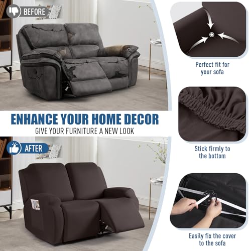 Image of TAOCOCO Recliner Loveseat Covers Stretch Sofa Covers for 2 Seat Large Reclining Couch, 2 Pieces Reclining Loveseat Covers Soft Washable Furniture Protector with Pocket (2 Seater Oversized, Coffee)
