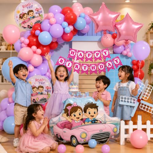 Image of Rozi Decoration Road Trip Theme Birthday Decoration Kit for Kids, Pink Car Party Decoration Set with Happy Birthday Banner, Foil & Latex Balloons for Girls Birthday Party Supplies, Pack of 48