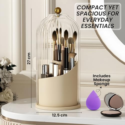 Image of OCEANEVO Cosmetic Makeup Brush Holder with Makeup Sponge, Dustproof Makeup Brush Organiser Stand with 360 Rotatable Lid - 12.5 x 27 Cm - Beige - 1 Year Warranty