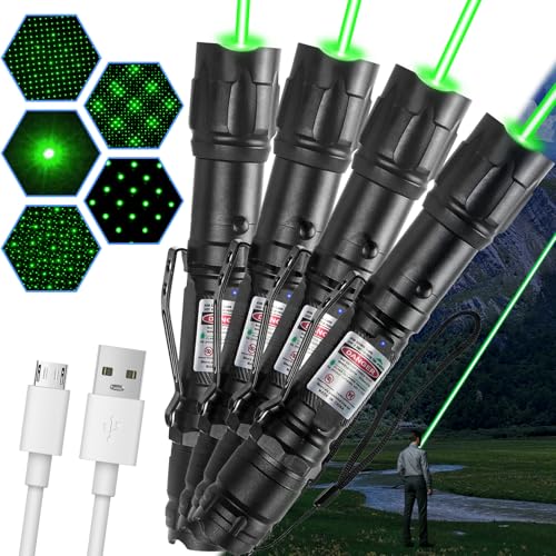 LETEAPII [4 Packs] Green Light Flashlight Rechargeable, Long Range Adjustable Focus Tactical Beam for Outdoor Journeys, Camping, Presentations, TV/LED/LCD Screens, and Stargazing