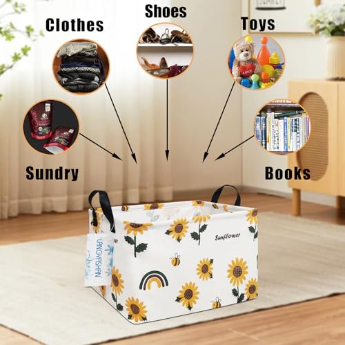 Image of Rectangular Storage Bin Collapse Canvas Fabric Cartoon Storage Basket with Handles for Organizing Home Kitchen Boys and Girls Toys Office Closet Shelf Baskets(Rec Sunflower)
