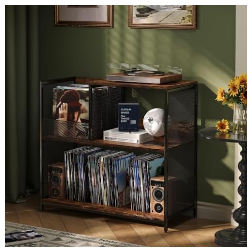 3 Tier Record Player Stand Holds Up to 250 Albums with 4 Adjustable Divider for Turntable Stand, Large Vintage Record Player Table with Vinyl Record Holder Cabinet for Living Room, Bedroom, Office