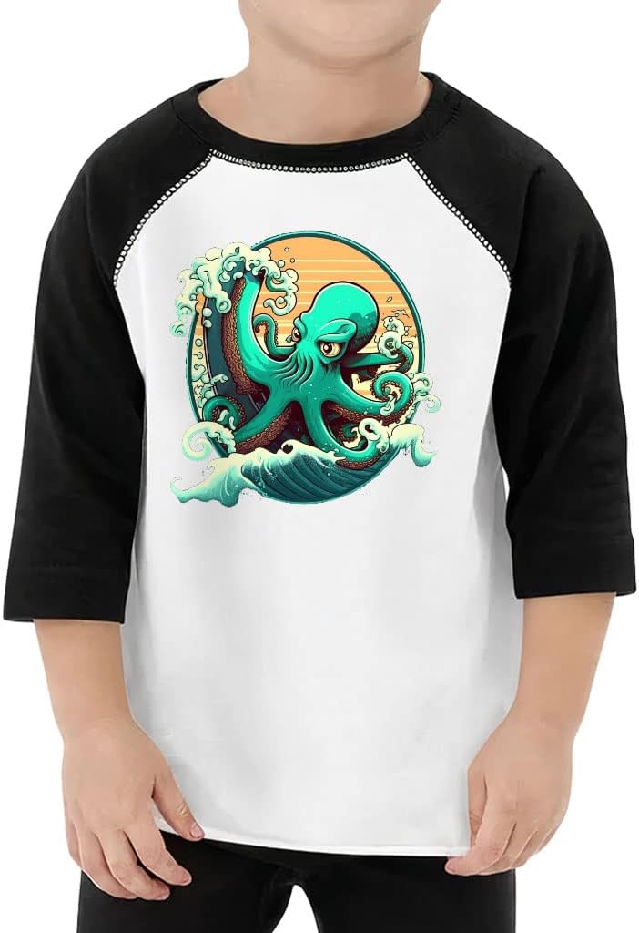 Octopus Graphic Toddler Baseball T-Shirt - Print 3/4 Sleeve T-Shirt - Art Print Kids' Baseball Tee