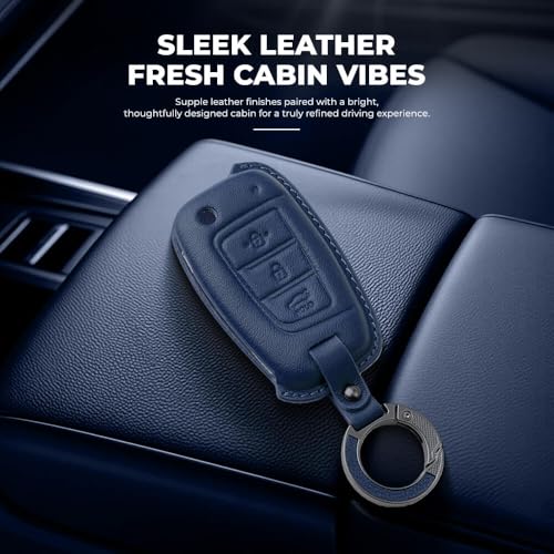 Image of Keyzone Premium Leather Key Cover & AC Vent Car Perfume Combo (4 Fragrances) | Compatible for Hyundai Venue, i20, Kona, Verna 2018 Onwards 3 Button flip Key. (Blue)