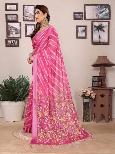 Image of Women's Zari Border Cotton Linen Printed Saree with Blouse