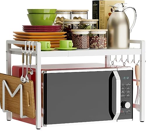 devesanter Estantería extensible para microondas de 2 niveles con 6 ganchos, organizador de cocina, para encimera, extensible de 40 a 64 cm, color blanco
