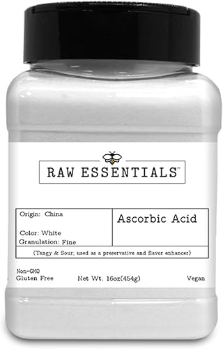 Raw Essentials Ácido ascórbico - Picante y agrio - Polvo de vitamina C - Perfecto como conservante y potenciador del sabor - Sin OMG, sin gluten y