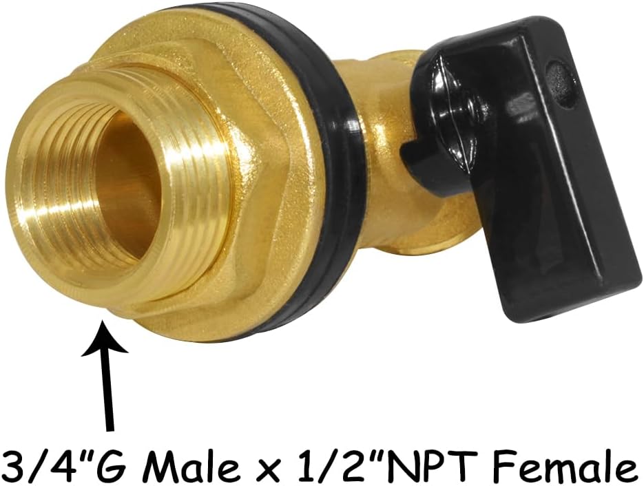 Uenede Brass Water Container Rain Barrel Faucets Spigot 3/4" G Male Thread Large Inlet to 3/4" GHT Male Thread Outlet with Quarter Turn Ball Valve Include Bulkhead Fitting and Washers 2PCS