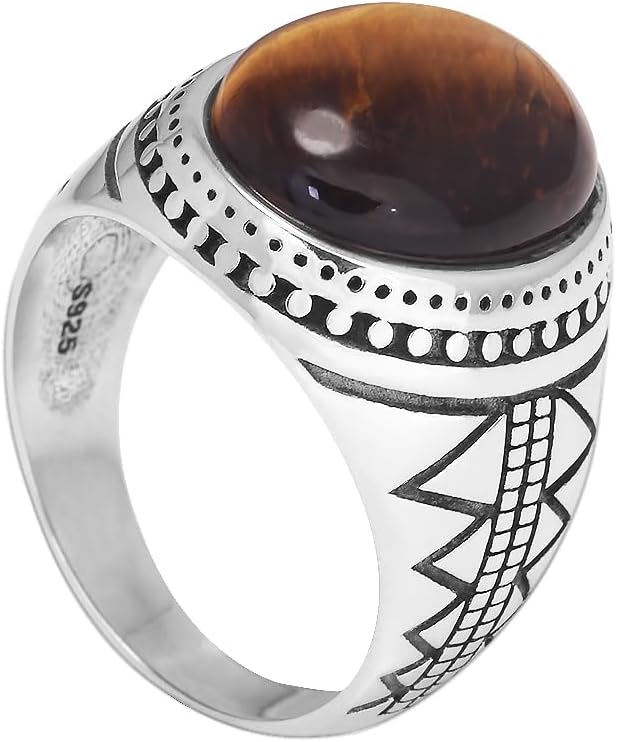 925 Sterling Silver Tiger Eye Ring for Men Retro Punk Mens Thumb Pinky Rings Oval Shape Biker Statement Signet Ring Vintage Jewelry Size 7-13