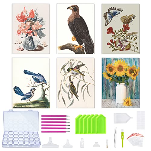Tekhoho Diamant Peinture, 6 Pièces DIY 5D Diamond Painting Point De Croix Broderie, Diamant Arts Craft pour la Décoration Murale à la Maison 30x40cm, Fleurs et Oiseaux Cover