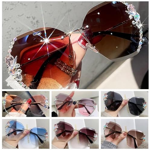 2025 Woman Rimless Diamonds Sunglasses, Polygonal Sunglasses UV Protection Cutting Lens Sunglasses for Beach Summer (Gray+Pink)2